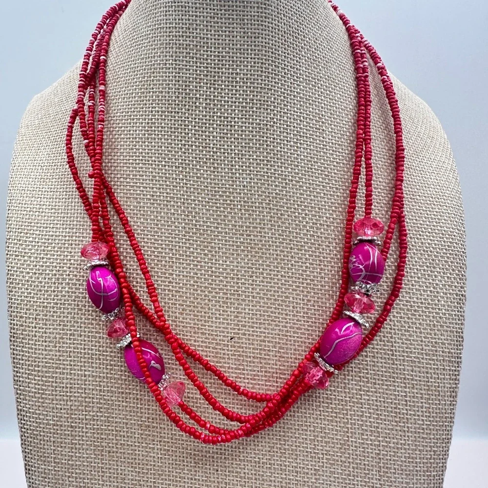 Vintage Y2K Silver Tone Multi Strand Red & Pink Beaded Necklace Jewelry
